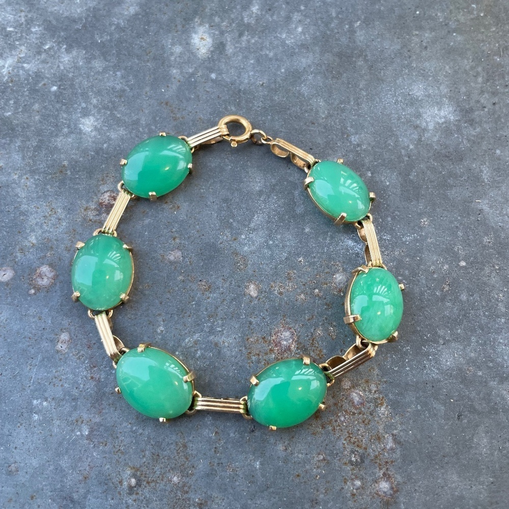 Vintage 14k Gold Jade Cabochon 7.5" Bracelet (15.80g)